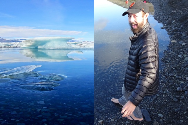 Not content to simply enjoy the view… (left) & Dipping our toes in the frigid, glacial waters (right)